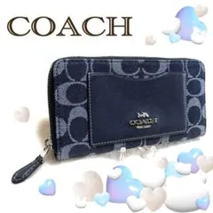 COACH 長財布 アコーディオン ジップ ウォレット デニム ネイビー ロゴ