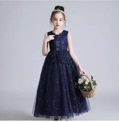 150 濃紺 フォーマルロングドレス ノースリーブレースドレス 発表会 結婚式