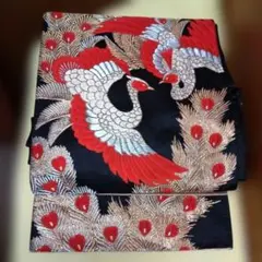 アンティーク袋帯 黒地 鳳凰文様 金糸 銀糸 刺繍のサムネイル