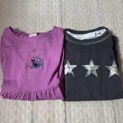 2枚セット120女の子　猫刺繍フリル長袖カットソー 紫 グレー