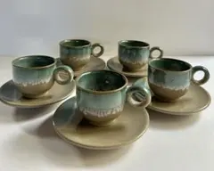唐津焼 古有田 唐船庵 青磁釉流土 コーヒーカップ＆ソーサー 5客 民陶 民藝