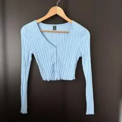 SHEIN 【シーインライトブルー リブニット クロップドカーディガン】Mサイズのサムネイル