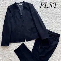 PLST セットアップパンツスーツ ノーカラー ベルト付き ネイビー 洗濯可 L