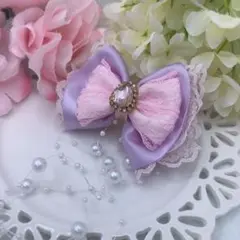 リボンクリップ ヘアアクセサリー パステルパープル ピンク ビジュー メイド博