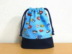 H161【通園・通学グッズ】ハンドメイドコップ袋(働く車柄水色)