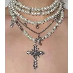 パール 多重 レイヤード ネックレス クロス 十字架 ゴシック パンク かわいい