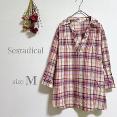 【Sesradical】 Vネックシャツ チェック柄 七分袖 綿100% 赤 M