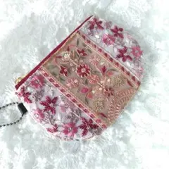 【1037】インド刺繍リボン　ハンドメイド　ミニポーチ　ピンク