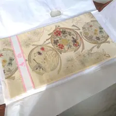 花と鳥の刺繍 袋帯 クリーム色