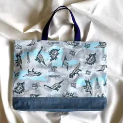 レッスンバッグ　恐竜柄×デニム風　手さげ　絵本バッグ　入園 入学