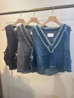 QTUME　デニムフリンジVネックベスト