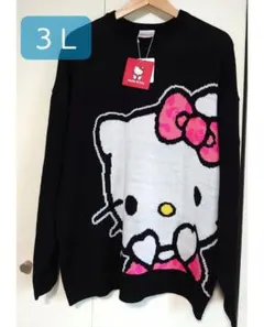 ハローキティ ３Ｌ ニット セーター ブラック 大きいサイズ ビッグプリント