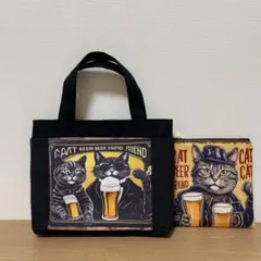 ハンドメイド　ミニトート　フラットポーチ　ネコ