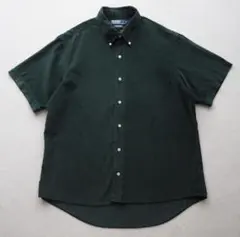 90s RALPH LAUREN 細畝コーデュロイ 半袖シャツ 刺繍ロゴ 深緑
