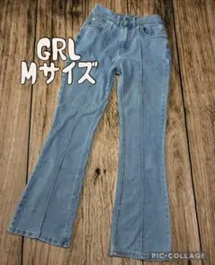 訳あり！GRLグレイル☆ピンタックブーツカットフレアデニムパンツライトブルーM