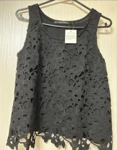 トップス　ノースリーブ　レース　ブラック　Tシャツ　クロシェ編み　Mサイズ