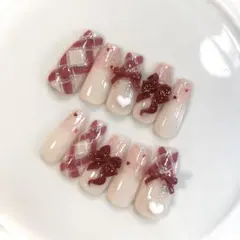 86♡ ネイルチップ ワンホン スナ系 フレンチガーリー バレンタイン リボン