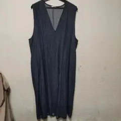 ダークブルー Vネック ノースリーブ ワンピース　デニム地