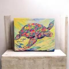 カラフルなウミガメの原画 キャンバス アート 現代アート 動物画 海