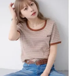 カスタネ　 ボーダー刺繍T シャツ ブラウン　kastaneのサムネイル