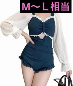 レディース水着ワンピース ドレス カラーマッチング ランタンスリーブ　緑系　XL