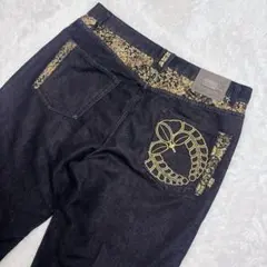 大きいサイズ 絡繰魂 和柄 刺繍 金系 デニムパンツ ブラック 38のサムネイル