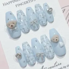 現品ネイルチップ୨୧くまちゃん×ツイード୨୧♡量産型スナ系⟡韓国♡ベビーブルー