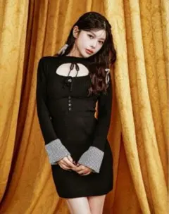 【Darich】フロントオープンニットミニワンピース 千鳥格子 F-Lサイズ