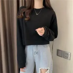 ✿トレーナー 長袖 レディース ショート丈 春夏秋 プルオーバー ブラック XL