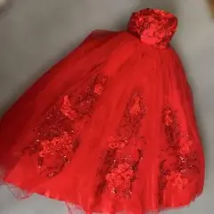 赤　チュール　ロングドレス フラワーモチーフ　二次会ドレス
