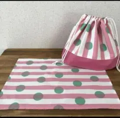ドットオンストライプ　ピンク　お弁当袋＆ランチョンマット