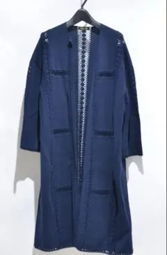 Drawer ミラノニットコート ネイビー ノーカラーコート レースディテール