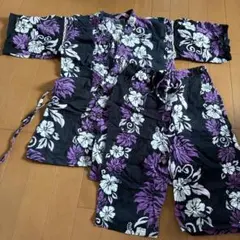 甚平 女の子 子ども用160サイズ ブラック×パープル 花柄 上下セットアップ