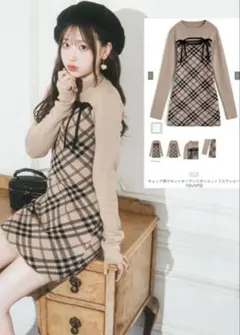 チェック柄フロントオープンリボンニット ミニワンピース［ru1372］