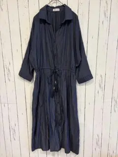 アンナルナ　シャツワンピース　ロング丈　ネイビー　タッセル　M 七部袖のサムネイル