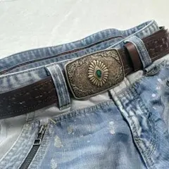 【新品】ブラウン　レザーベルト　グランジ　ウエスタン　ターコイズ　y2k