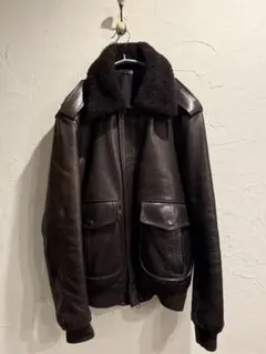 ダークブラウン ボア襟 ボンバージャケット　レザージャケット　48