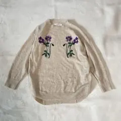スーパーハッカ　花柄刺繍ニット　ベージュ　オーバーサイズ ゆったり
