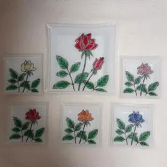 昭和レトロ 薔薇 ガラス角皿 6枚セット
