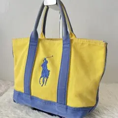 ポロラルフローレン　トートバッグ　ビッグポニー　ロゴ刺繍 イエロー ブルー