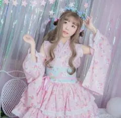 ピンク花柄ロリータ浴衣・帯セット キキララ