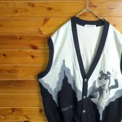 ベスト　カーディガン　刺繍　犬　キャラクター　ベージュ　黒　グレー　銀　ボタン