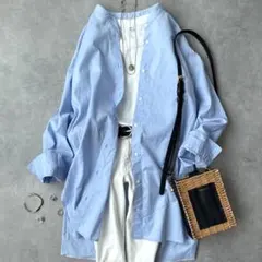 プラージュ 長袖 シャツ ブラウス 綿 コットン ロング丈 青 バンド 