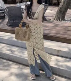 モチーフレース編みノースリーブロングワンピース夏バカンス