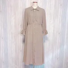【GU】長袖 ロングシャツワンピース リボンタイ 総柄 ウエストゴム きれいめ