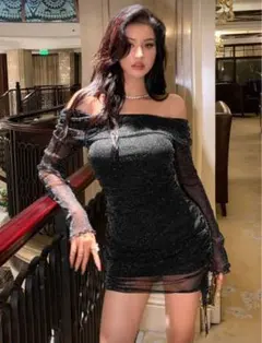 DAZYオフショルダー　コントラストメッシュ　ボディコンワンピ　グリッタードレス