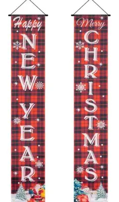 クリスマス・新年バナー 赤いチェック柄クリスマスタペストリー 壁掛けのサムネイル