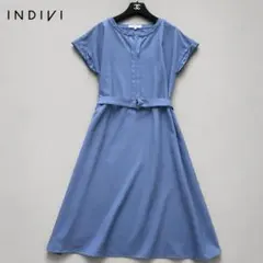 美品✨INDIVIベルト付き フレンチスリーブ ロングワンピース 36 ブルーのサムネイル