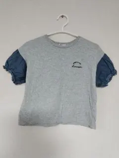 ゆったり　Tシャツ　シルエット　パフスリーブ　そで　デニム切り替え　グレー