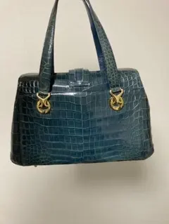 美品 SANPO 三宝 クロコ 本革 ハンドバッグ 南京錠 黒 バイカラー 自立 
